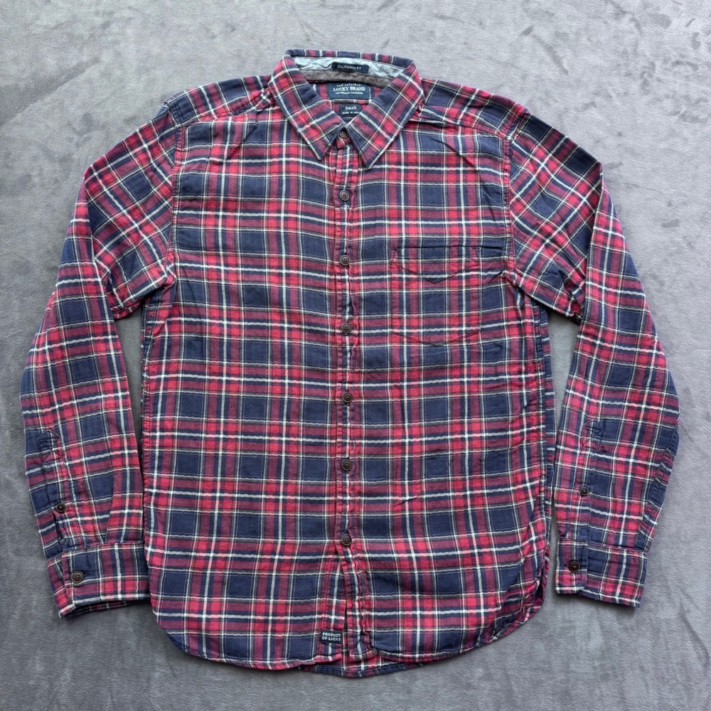 Lucky Brand Mens California Fit Plaid Flannel Button Down Shirt Navy Red Small